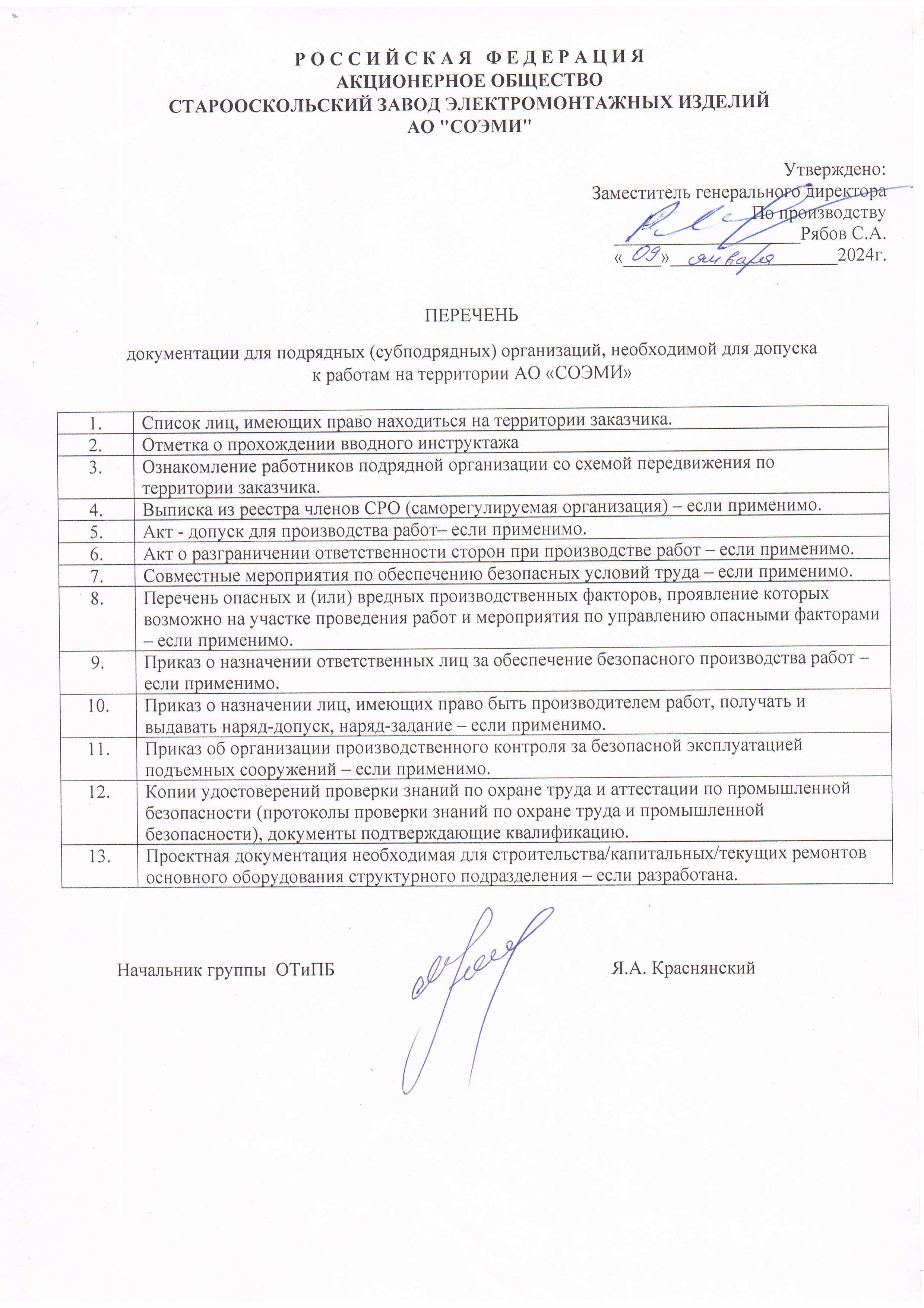 Перечень документации для допуска